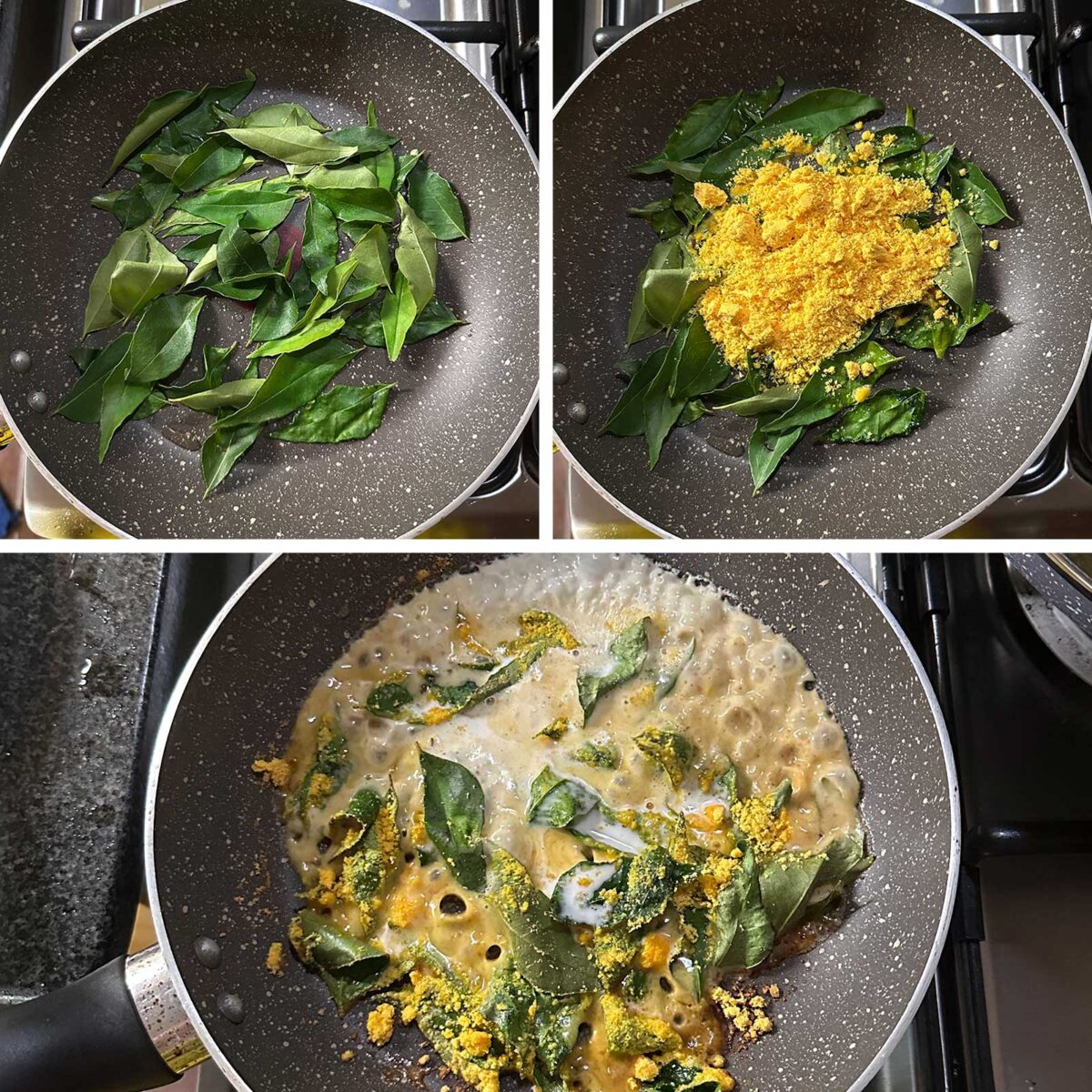 Cooking salted egg and coconut cream sauce with curry leaves