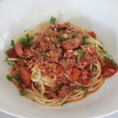 Filipino-style sweet spaghetti with hotdogs