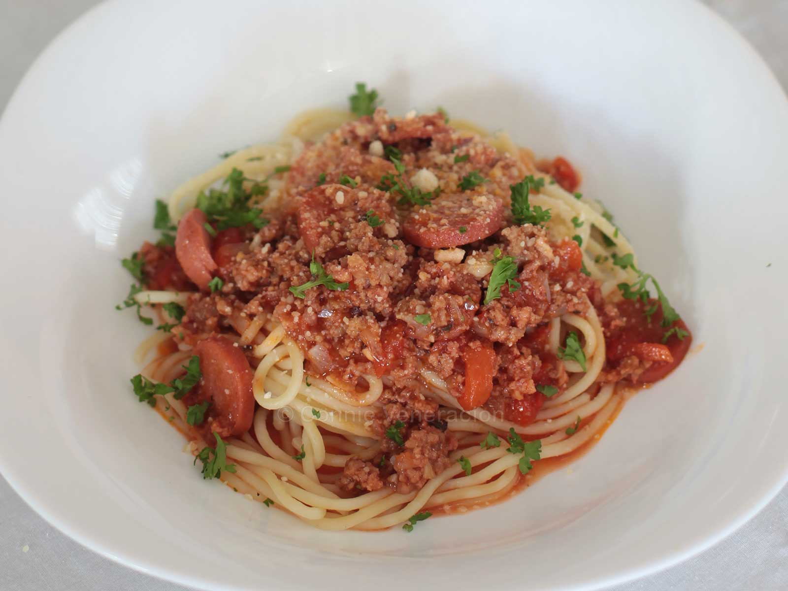 Filipino-style sweet spaghetti with hotdogs