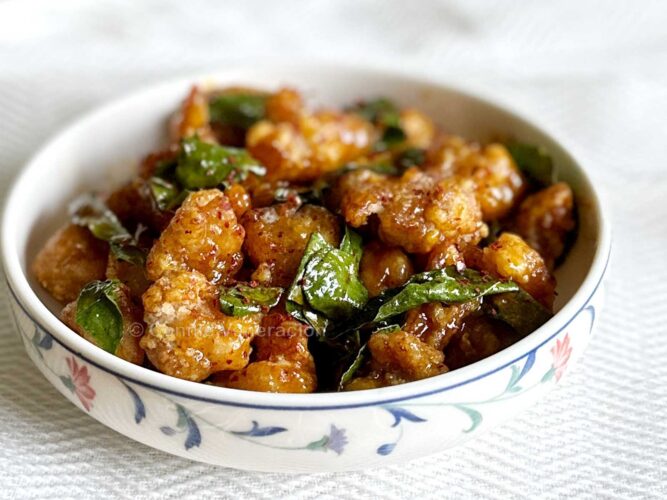 Chicken karaage with salted egg and coconut cream sauce