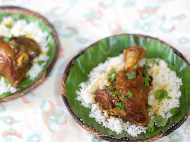 Lamb shank curry cooked in cider and coconut milk