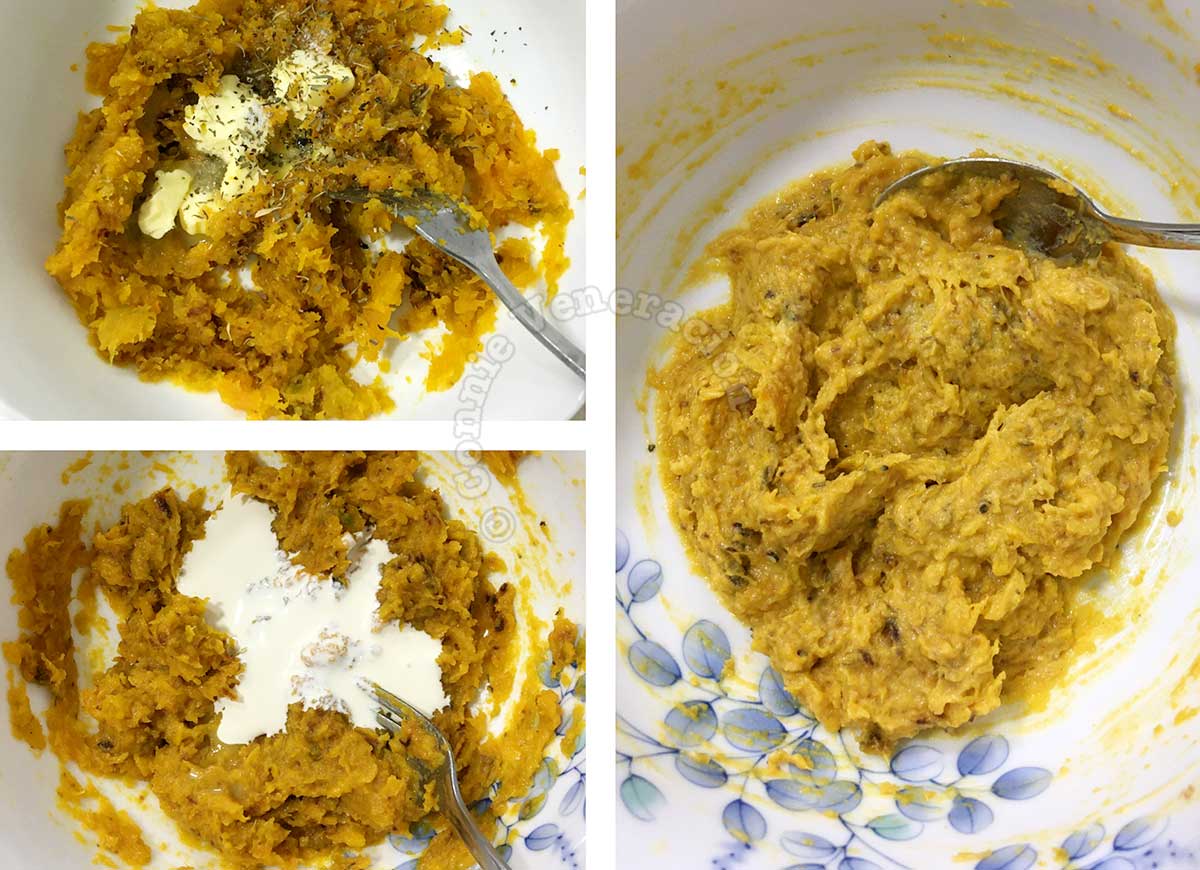 Adding seasonings, butter and cream to mashed roasted squash