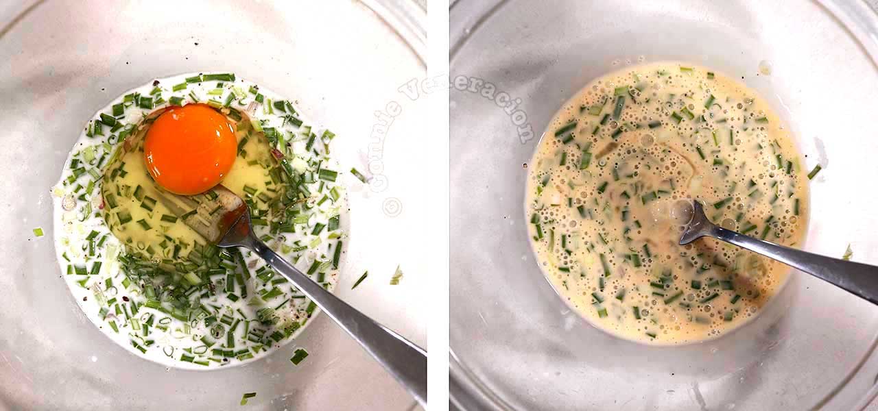 Adding egg to oyster omelette batter