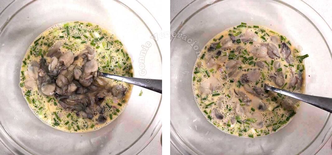 Adding shucked oysters to batter