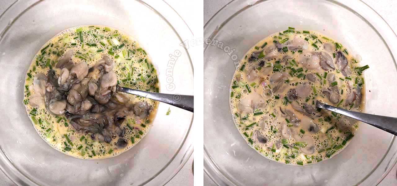 Adding shucked oysters to batter