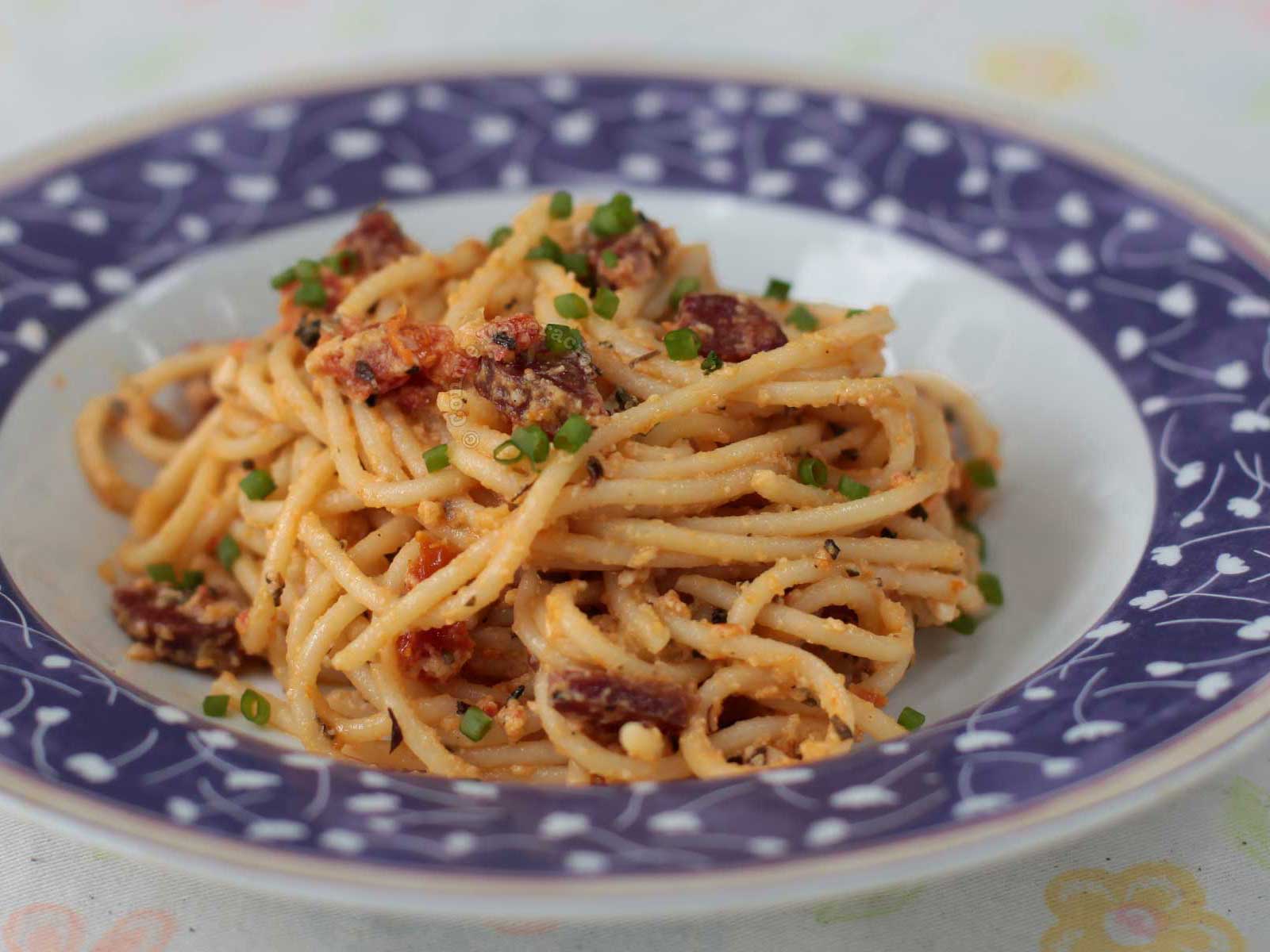 Spaghetti with chorizo and salted duck egg sauce
