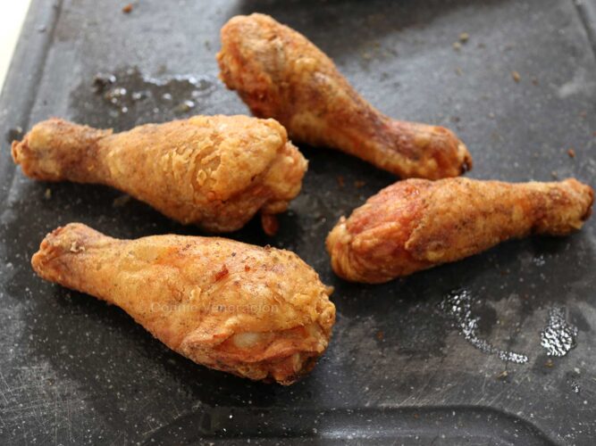 Fried chicken drumsticks after second frying