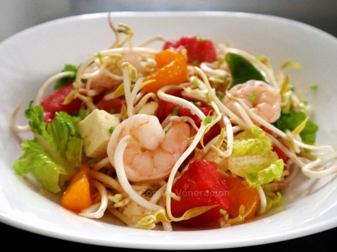 Shrimps, bean sprouts and watermelon salad