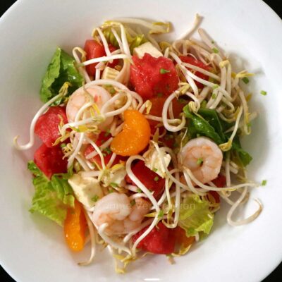 Shrimps, bean sprouts and watermelon salad