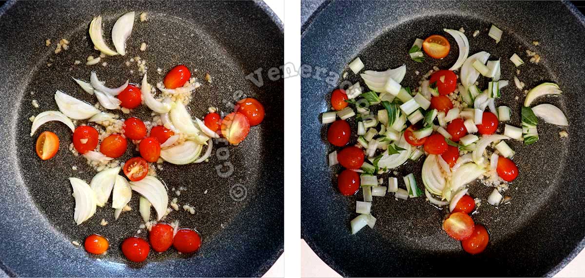 Sauteeing shallot, tomatoes, garlic and ginger