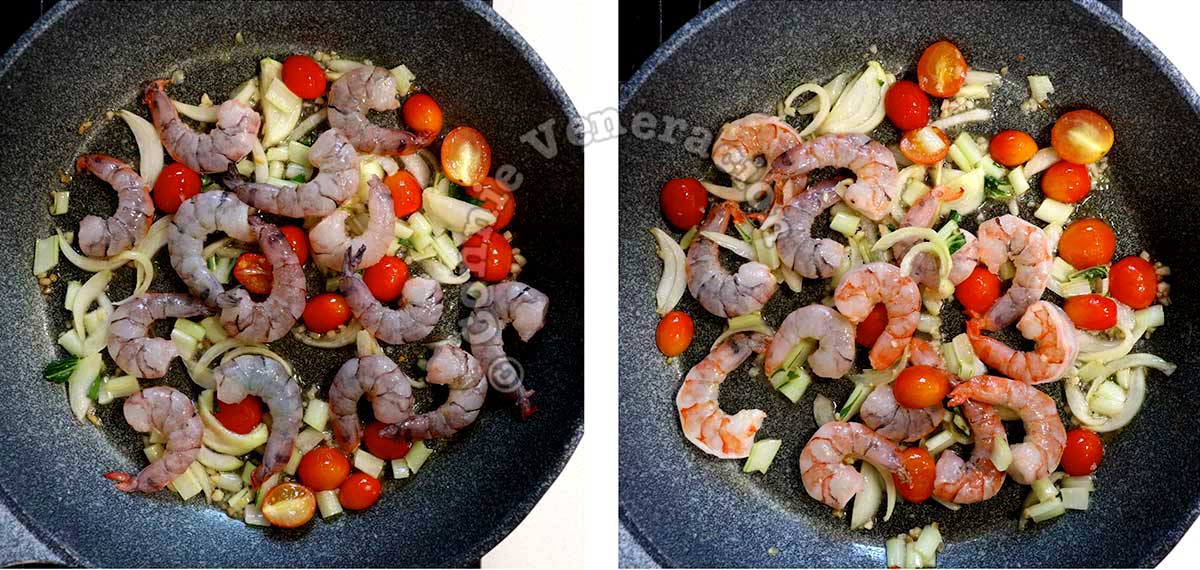 Spreading shrimps in pan with sauteed shallot, tomatoes, garlic and ginger