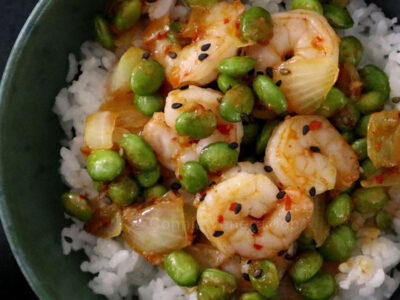 Sweet spicy shrimps and edamame