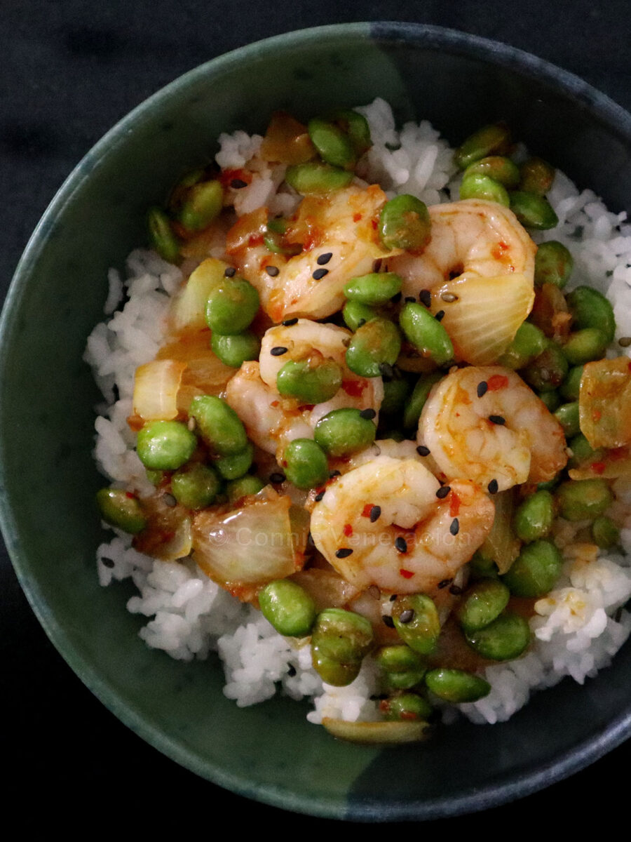Sweet spicy shrimps and edamame