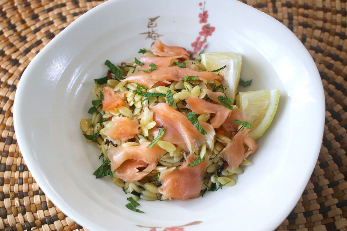 orzo with smoked salmon, dill, mint and lemon