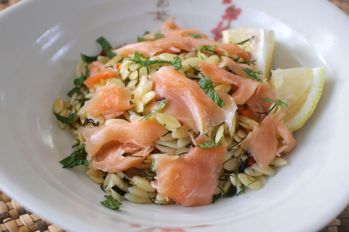 orzo with smoked salmon, dill, mint and lemon