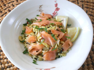 orzo with smoked salmon, dill, mint and lemon