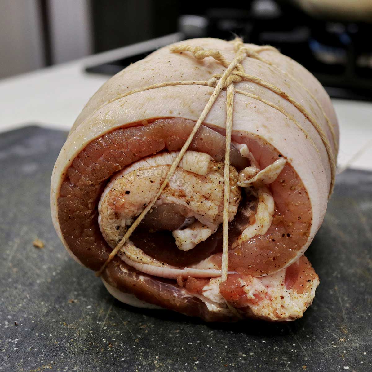 Pork belly, rolled and tied