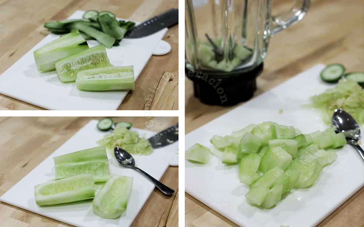 Prepping cucumber to make smoothie