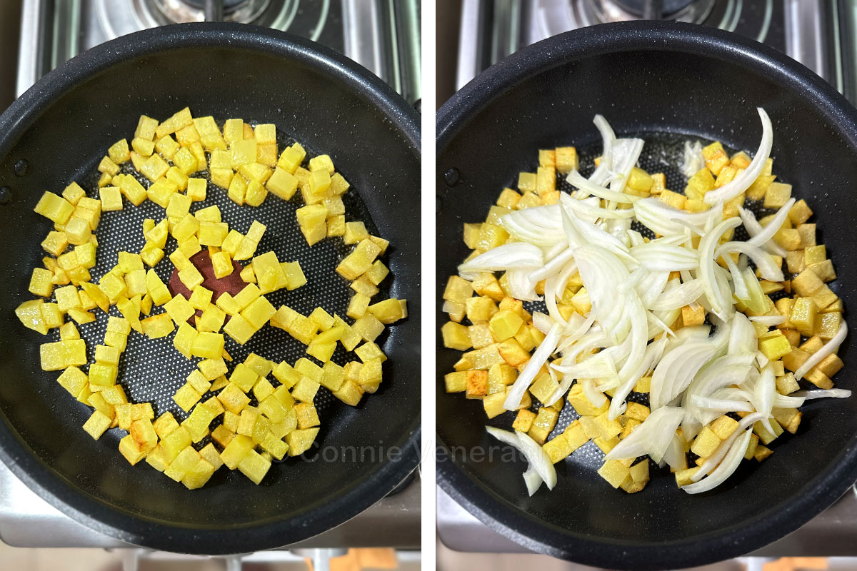 Cooking potatoes and onions