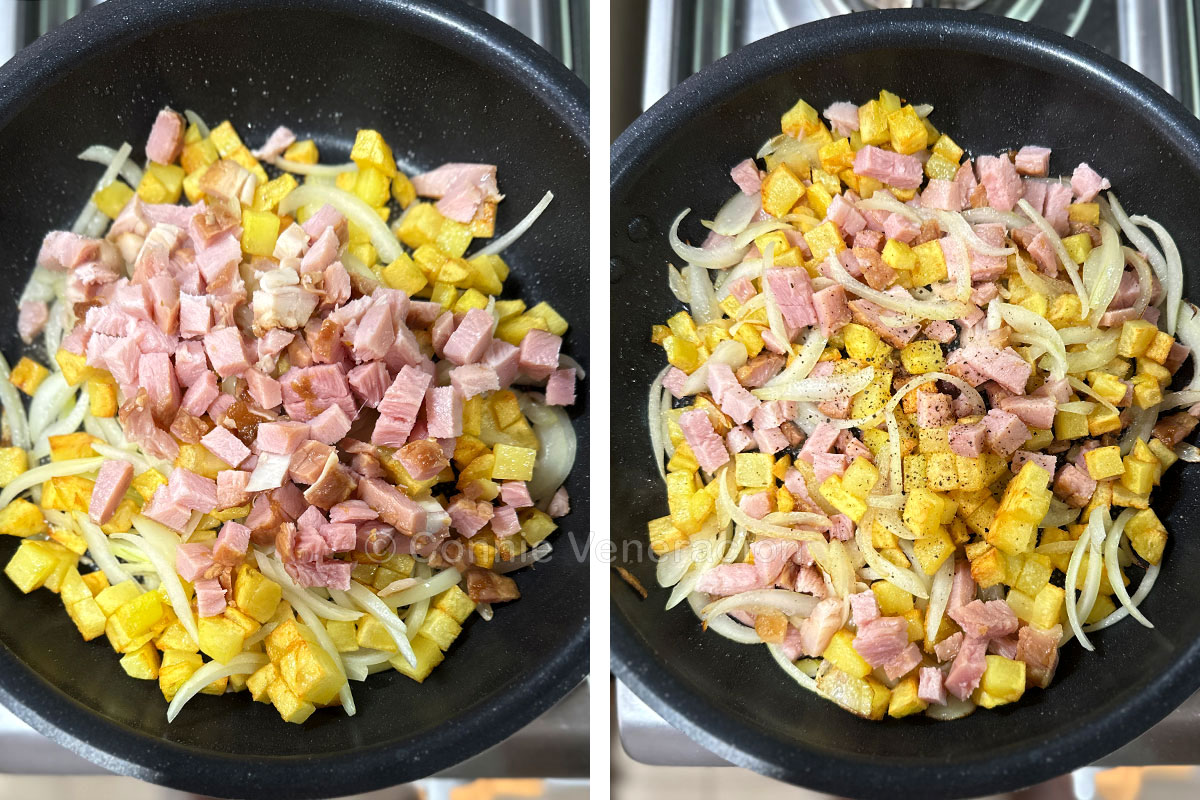 Ham, potatoes and onions in frying pan