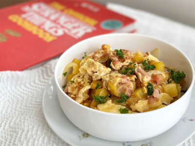 Scrambled eggs, ham and potatoes