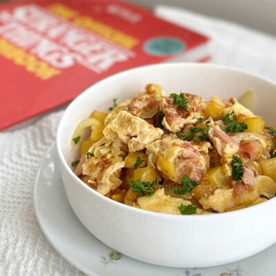 Scrambled eggs, ham and potatoes