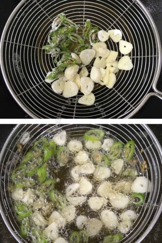 Deep frying floured garlic and chilies