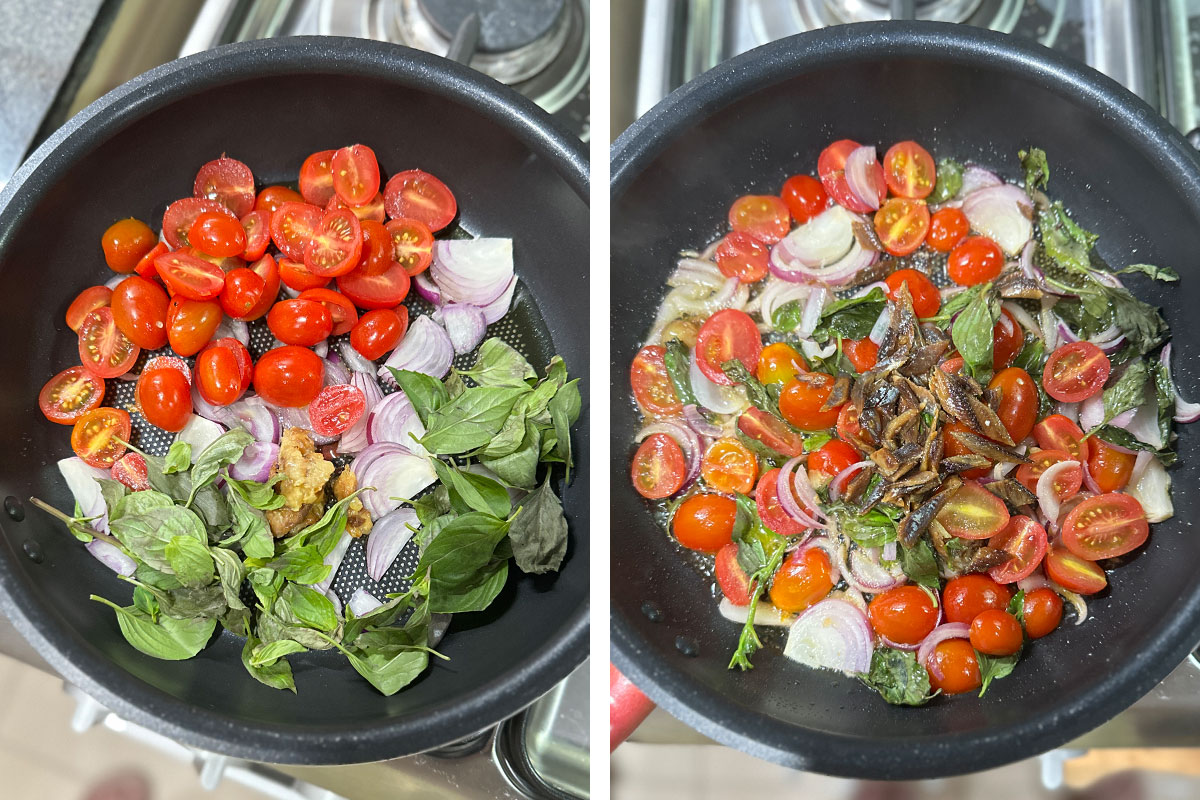 Sauteeing gourmet tuyo, cherry tomatoes, Thai basil and mint