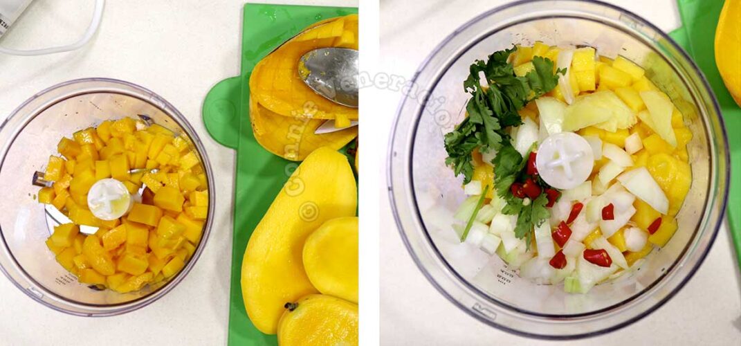 Ingredients for Thai-style mango chili sauce in food processor