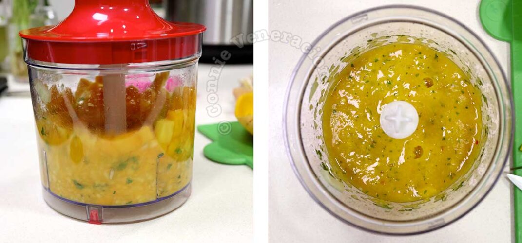 Using a mini food processor to make Thai-style mango chili sauce