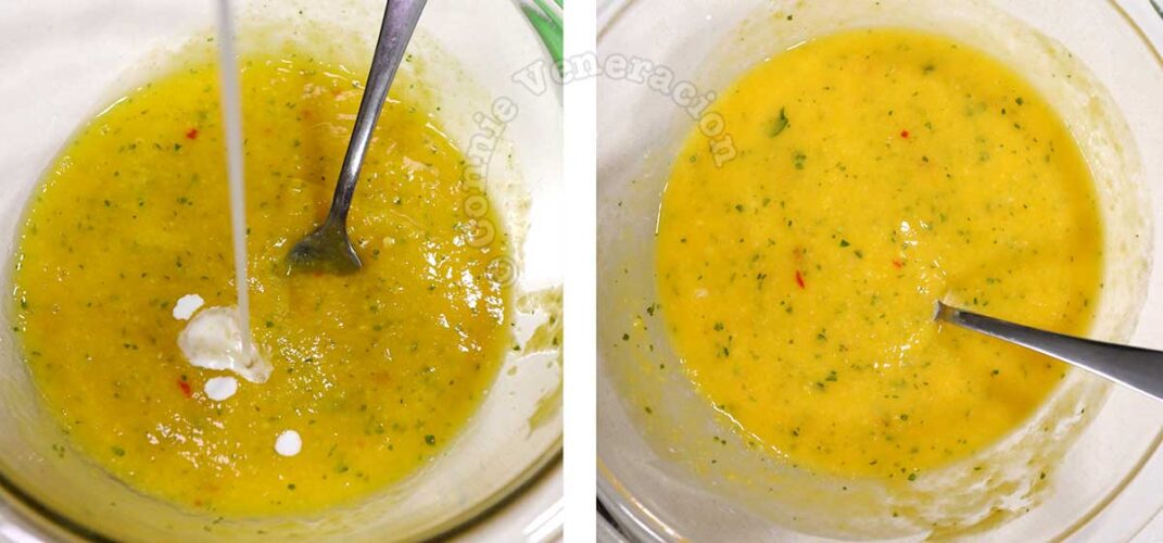Adding coconut milk to Thai-style mango chili sauce