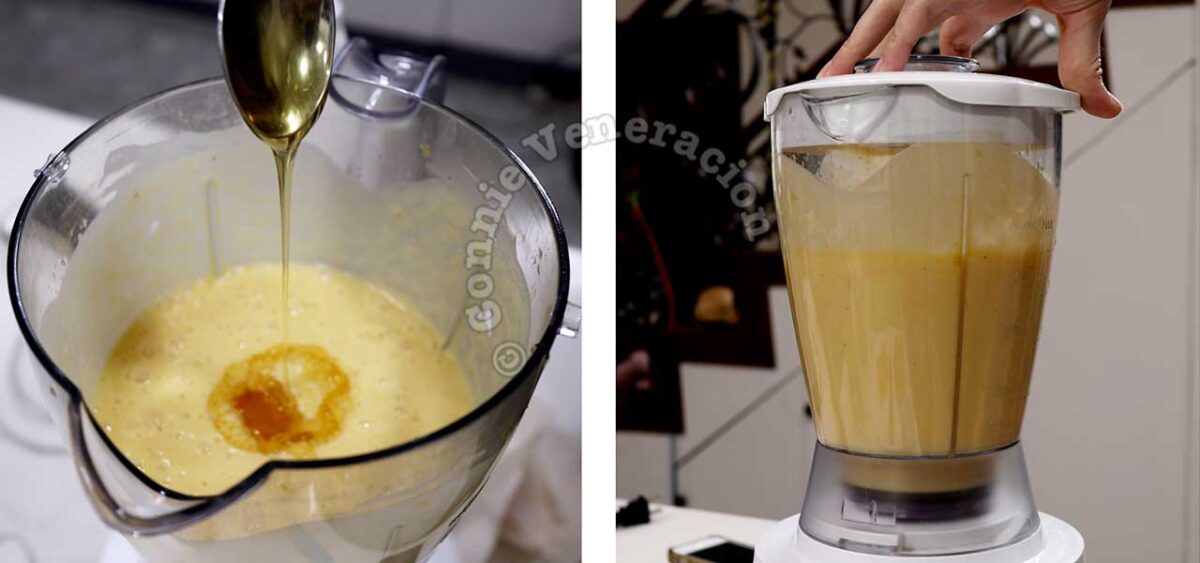 Adding honey to mango lassi in blender