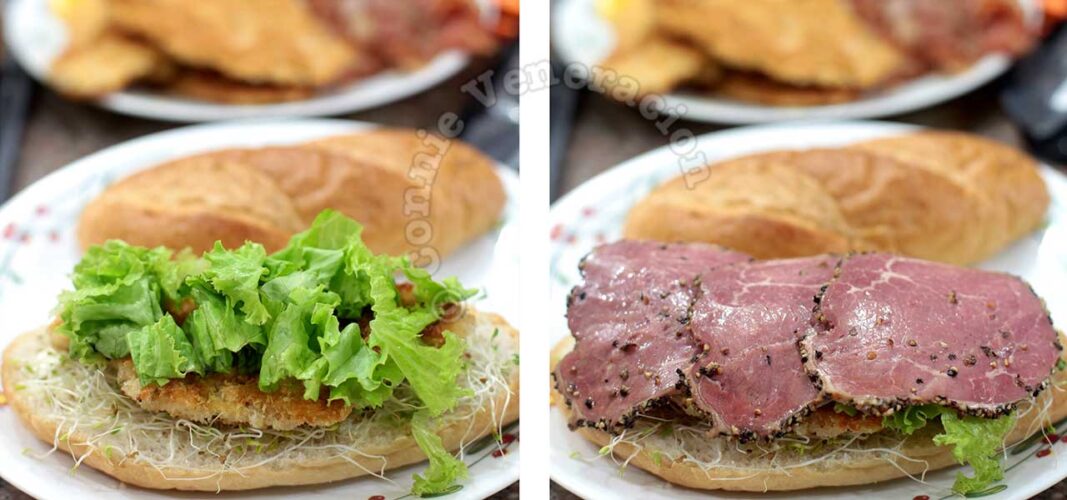 Assembling meat lover's sandwich: piling lettuce on chicken schnitzel and adding slices of pastrami