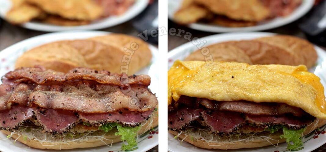 Assembling meat lover's sandwich: topping pastrami with bacon and cheese omelette