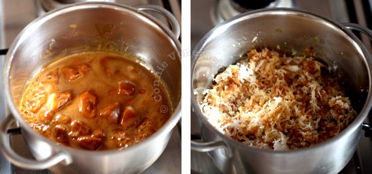 Stirring grated coconut into melted palm sugar