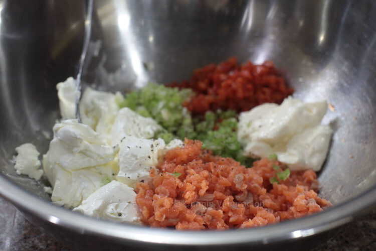 Smoked salmon and cream cheese pâté ingredients in mixing bowl