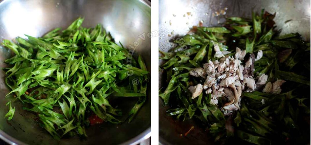 Adding sliced winged beans and flaked smoked milkfish to sauteed aromatics in pan