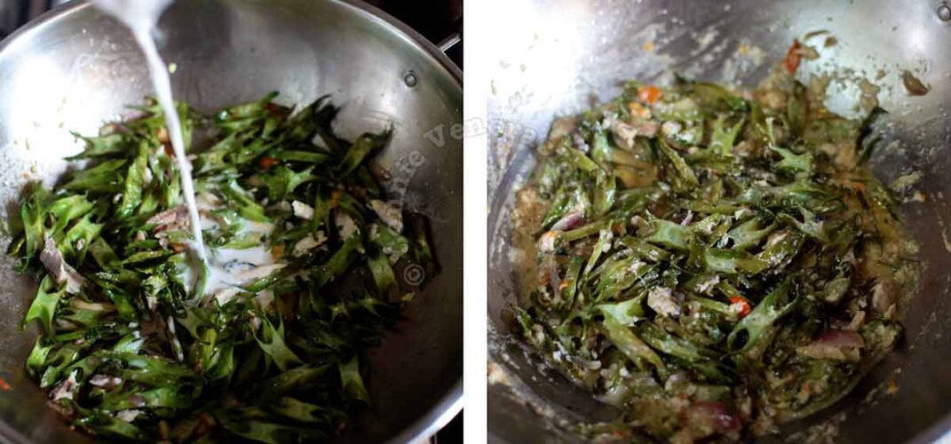 Pouring coconut milk in pan with winged beans and smoked fish