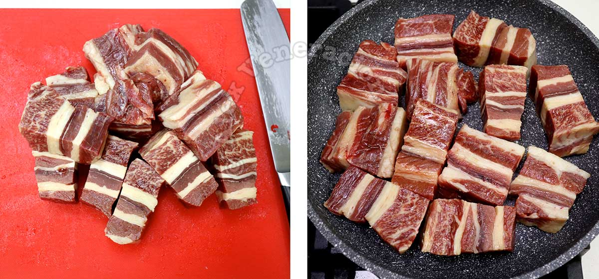 Browning beef in pan