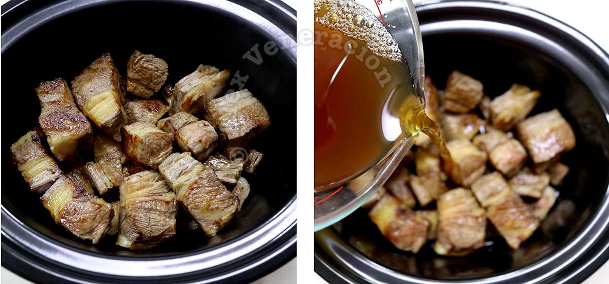 Pouring broth over beef in slow cooker
