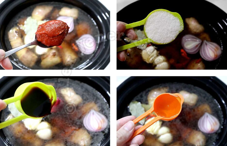Adding gochujang, sugar, soy sauce and rice vinegar to beef in slow cooker
