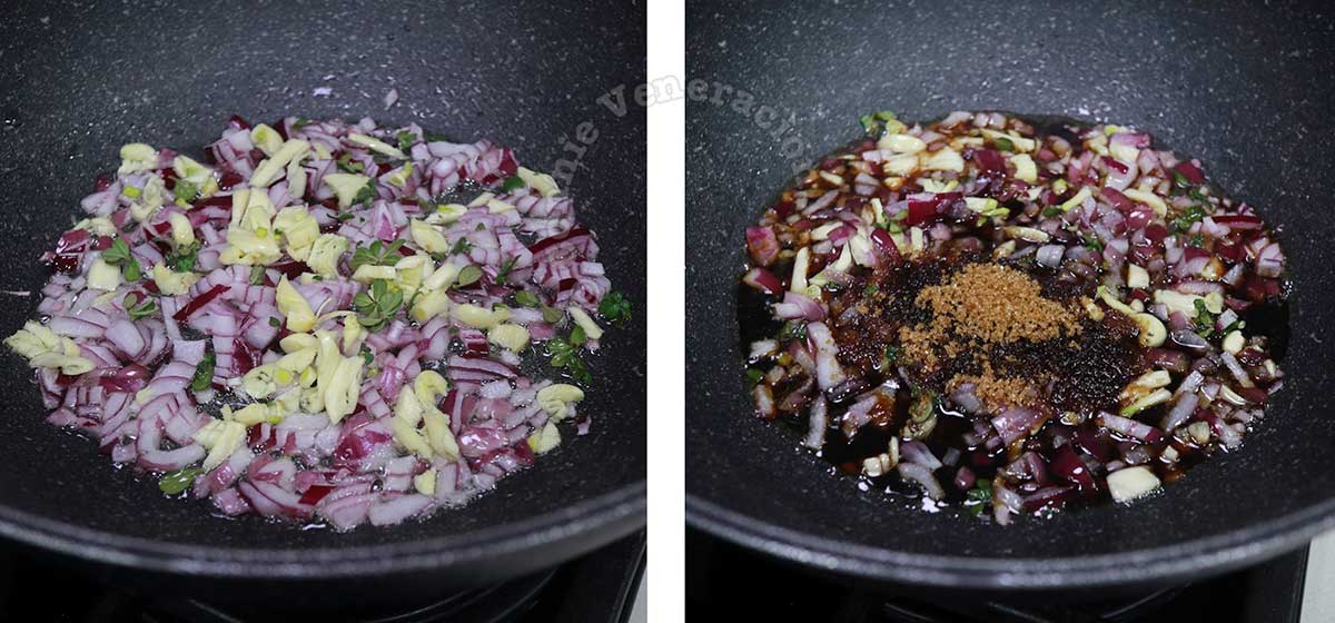 Sauteeing onion, garlic and oregano; adding soy sauce and brown sugar