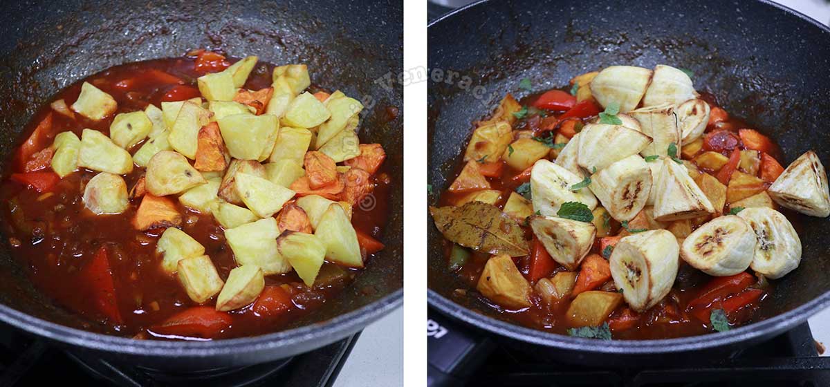 Stirring fried potatoes, carrots and saba bananas in sauce