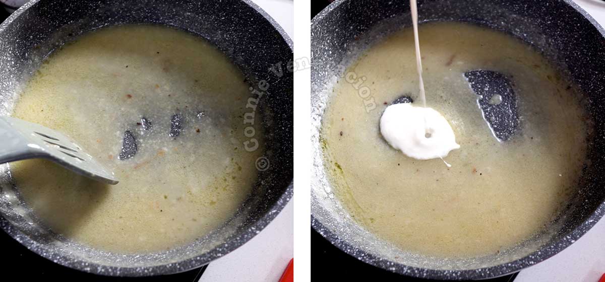 Pouring cream into roux to make Bechamel sauce