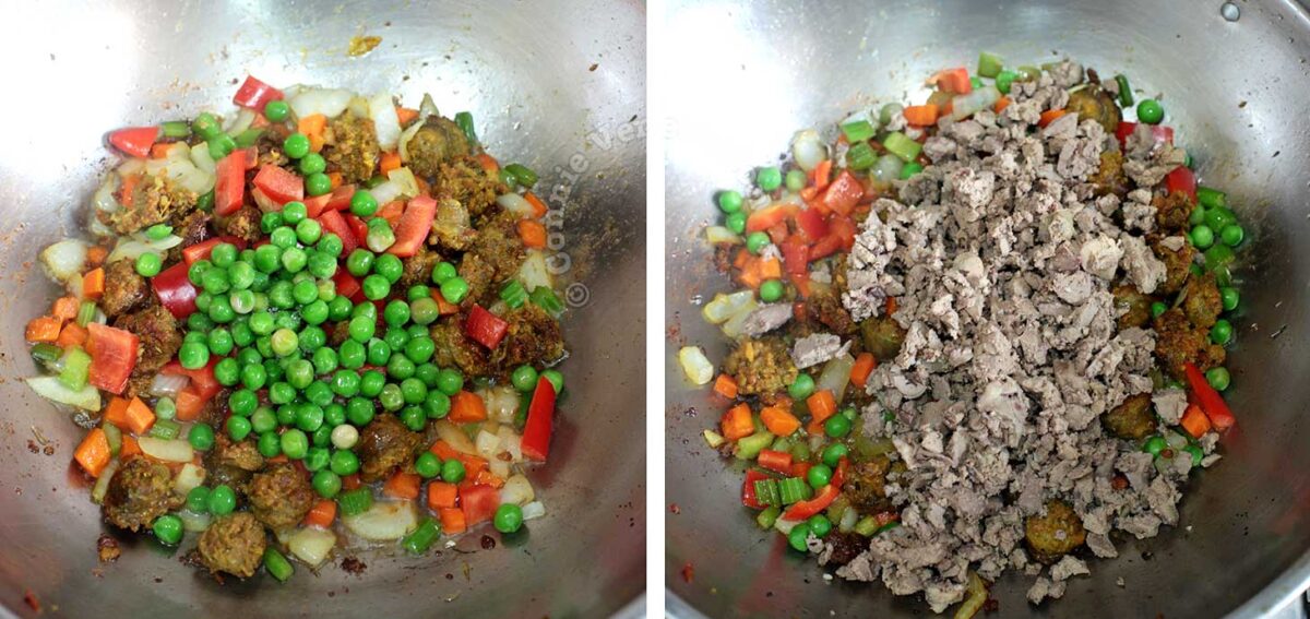 Adding chopped chicken livers to andouille and vegetables in pan