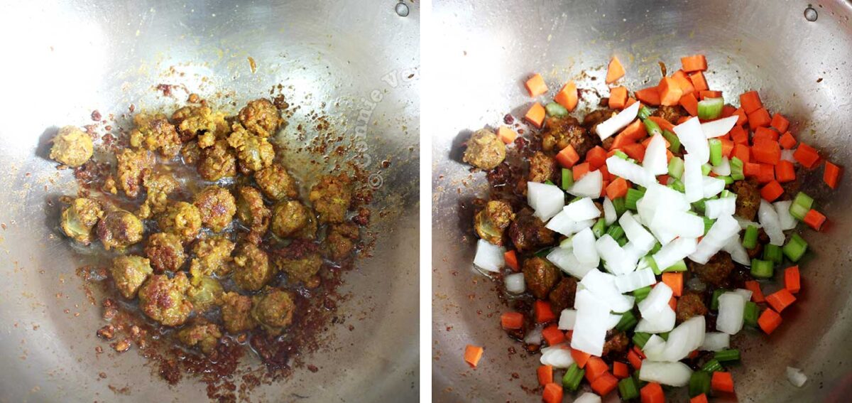Frying andouille with vegetables