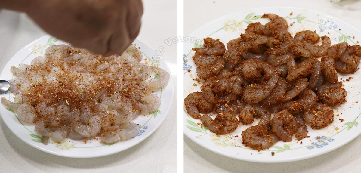 Mixing shrimps and Cajun seasoning