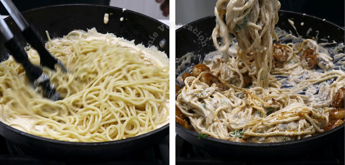 Adding cooked pasta to Cajun shrimps and mushrooms