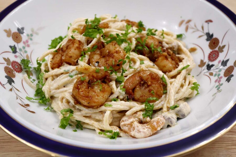 Cajun shrimp and mushroom spaghetti