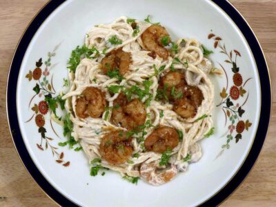 Cajun shrimp and mushroom spaghetti